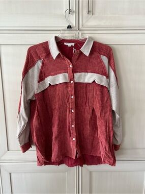 Sewn + Seen Women's Brick Button-Front Shirt with Cream Contrast Panels